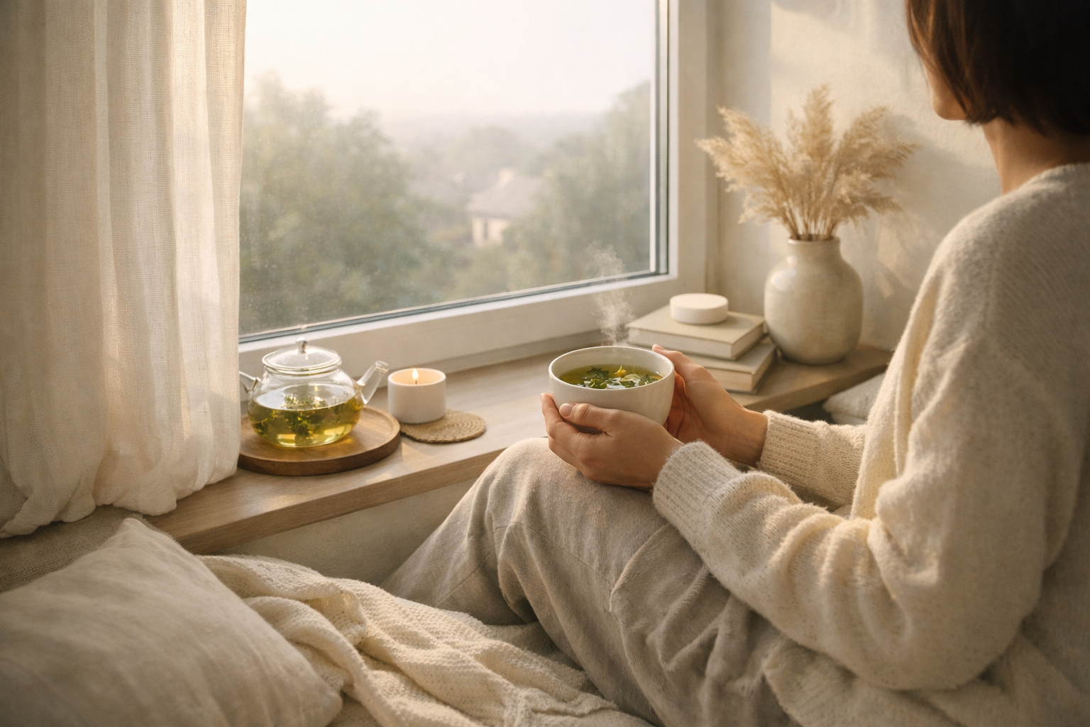 Peaceful morning scene with a person sitting by a window with a cup of herbal tea, soft natural light, minimalist cozy interior, calm and relaxed atmosphere