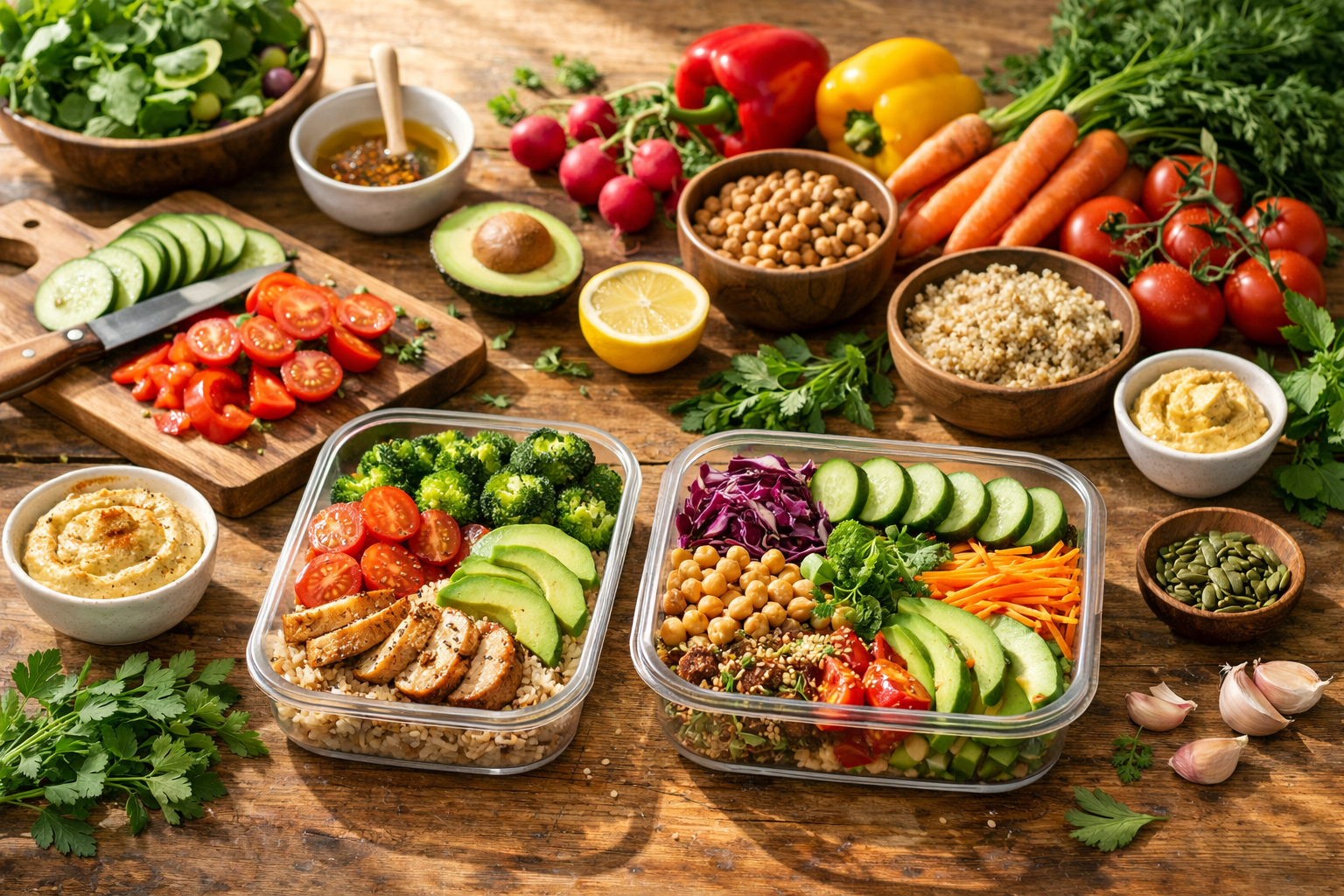Healthy colorful meal preparation on wooden table, fresh vegetables and herbs, bright natural lighting, lifestyle food photography, warm welcoming atmosphere